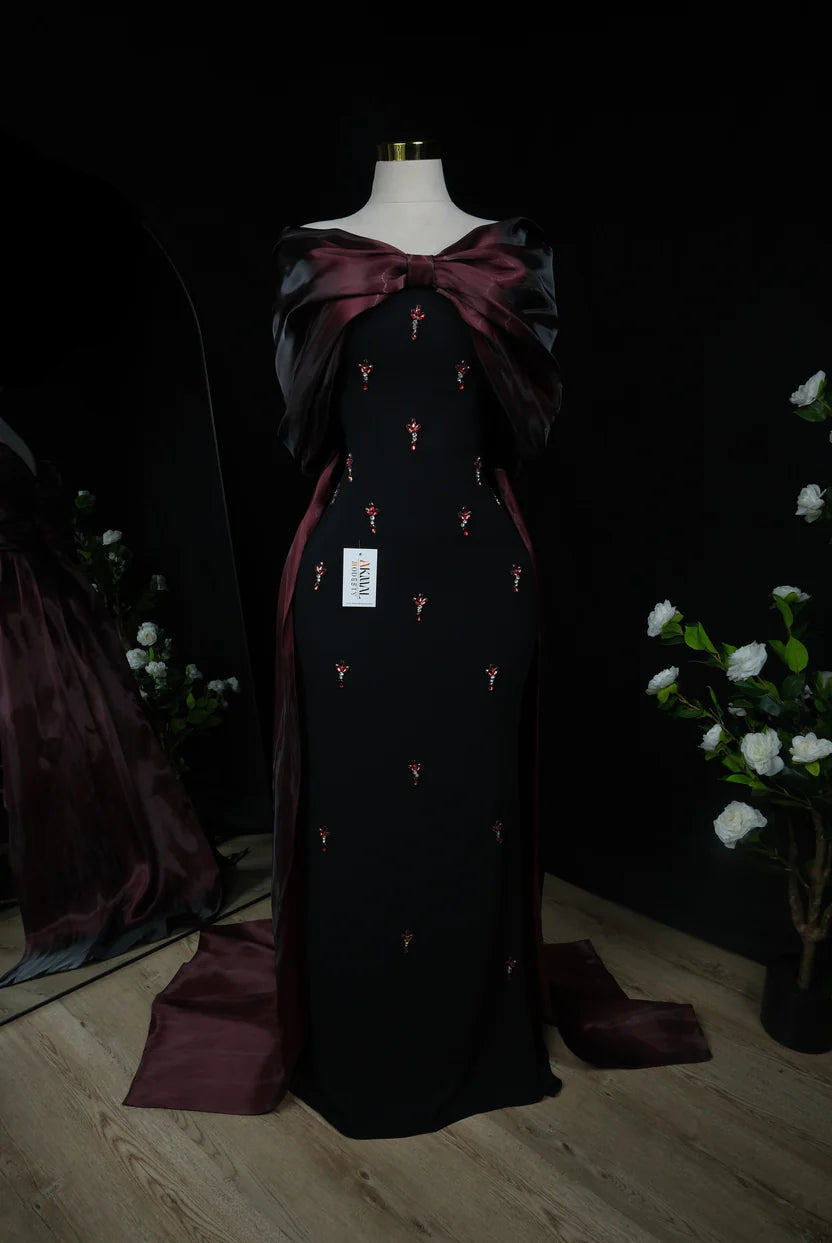 Dark Red–Bow tail Evening Dress